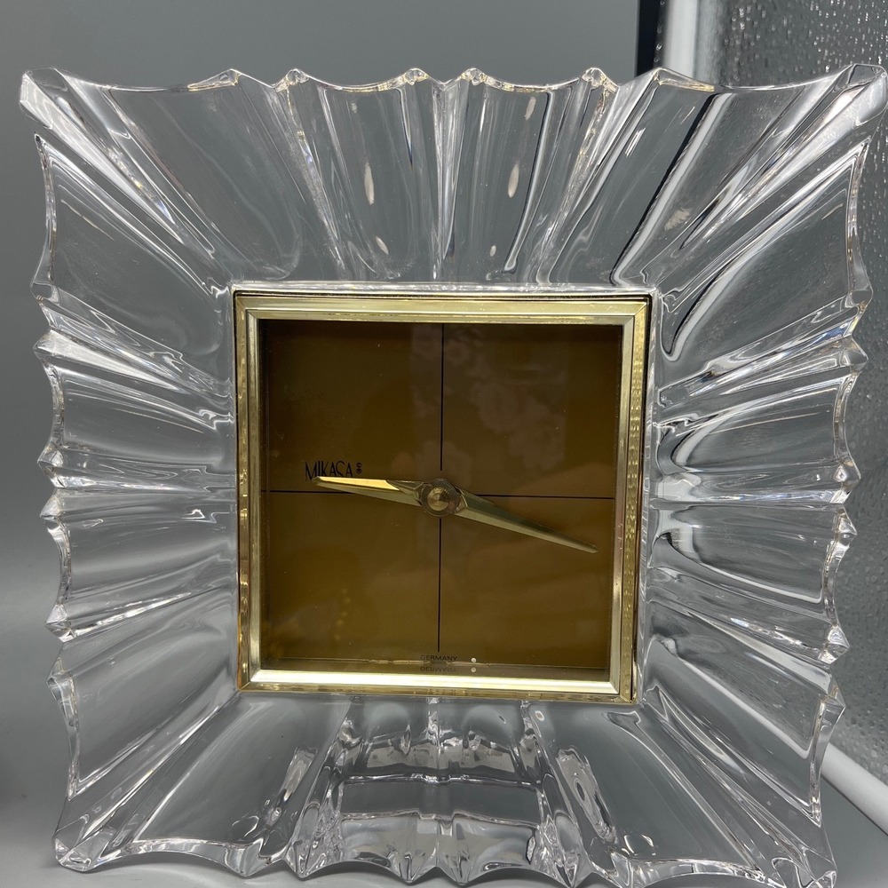 Crystal Desk Clock 8"‎ Square Gold Face Fluted Glass Monarch by Mikasa Austria
